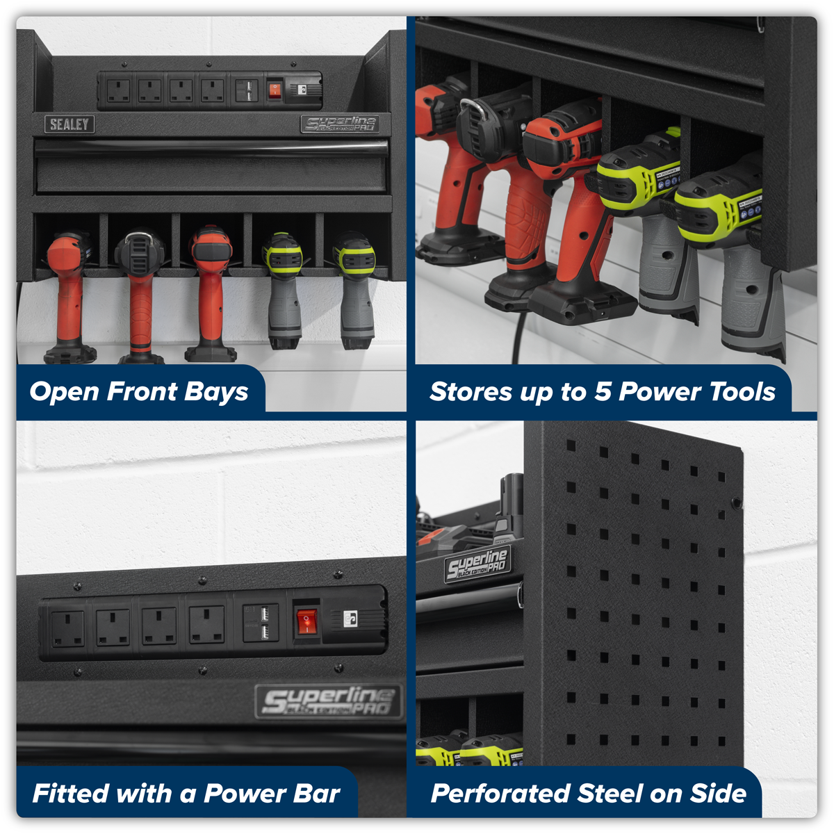 Superline Pro AP22SRBE Superline PRO® Power Tool Storage Rack with Drawer & Power Bar