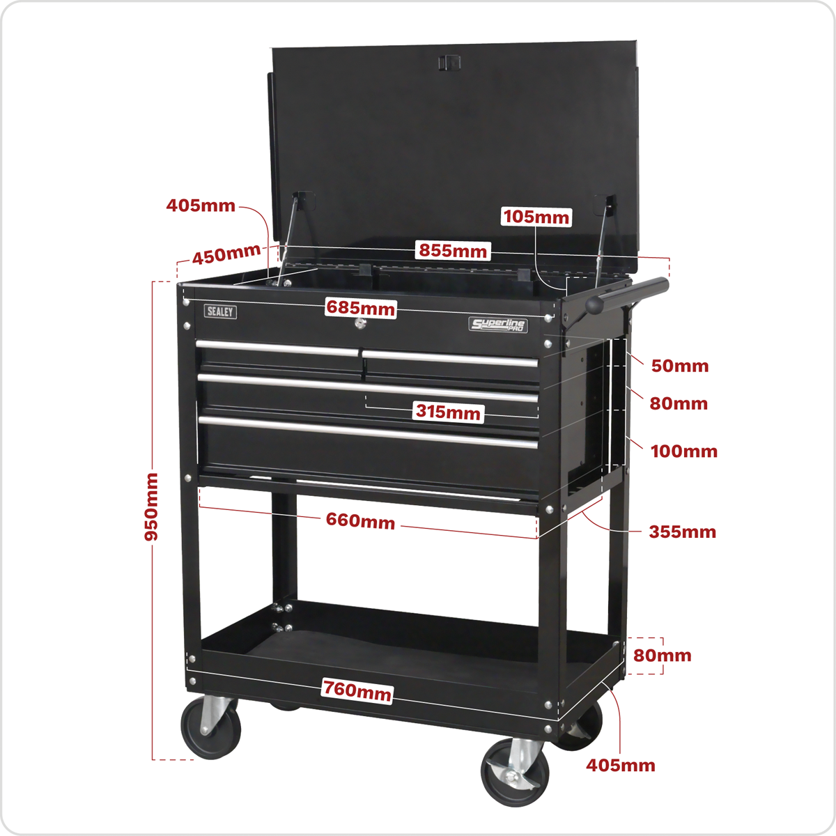 Superline Pro AP850MB Heavy-Duty Mobile Tool & Parts Trolley with 4 Drawers & Lockable Top - Black