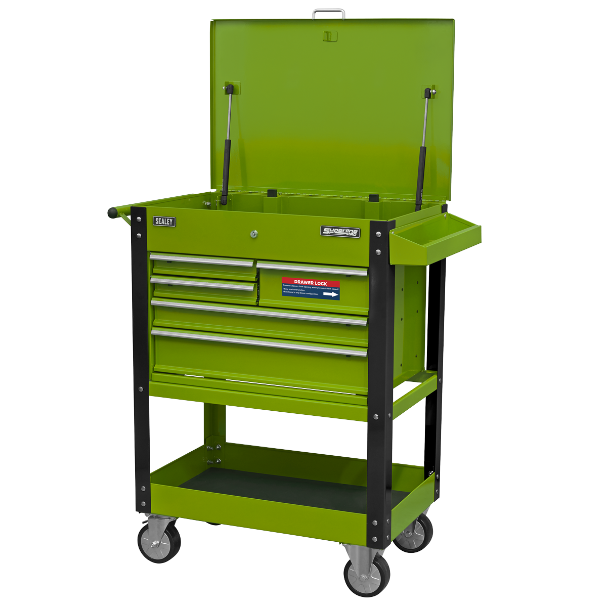 Superline Pro AP890MHV Superline PRO® Heavy-Duty Mobile Tool & Parts Trolley with Lockable Top & 5 Drawers - Hi-Vis Green