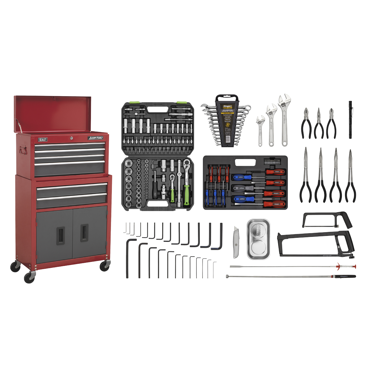 American Pro AP2200BBCOMBO American PRO® Topchest & Rollcab Combination 6 Drawer with 170pc Tool Kit - Red/Grey