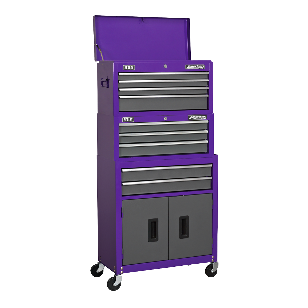 American Pro AP2200BBCPSTACK American PRO® Topchest, Mid-Box Tool Chest & Rollcab Stack 9 Drawer - Purple