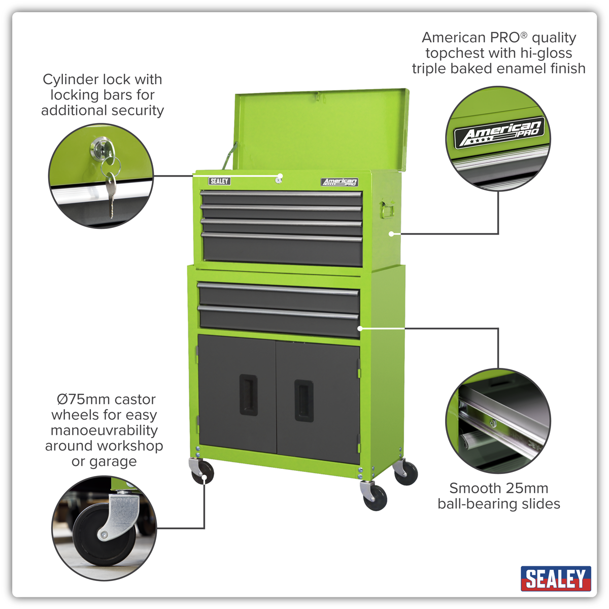 American Pro AP2200BBHV American PRO® Topchest & Rollcab Combination 6 Drawer - Green/Grey