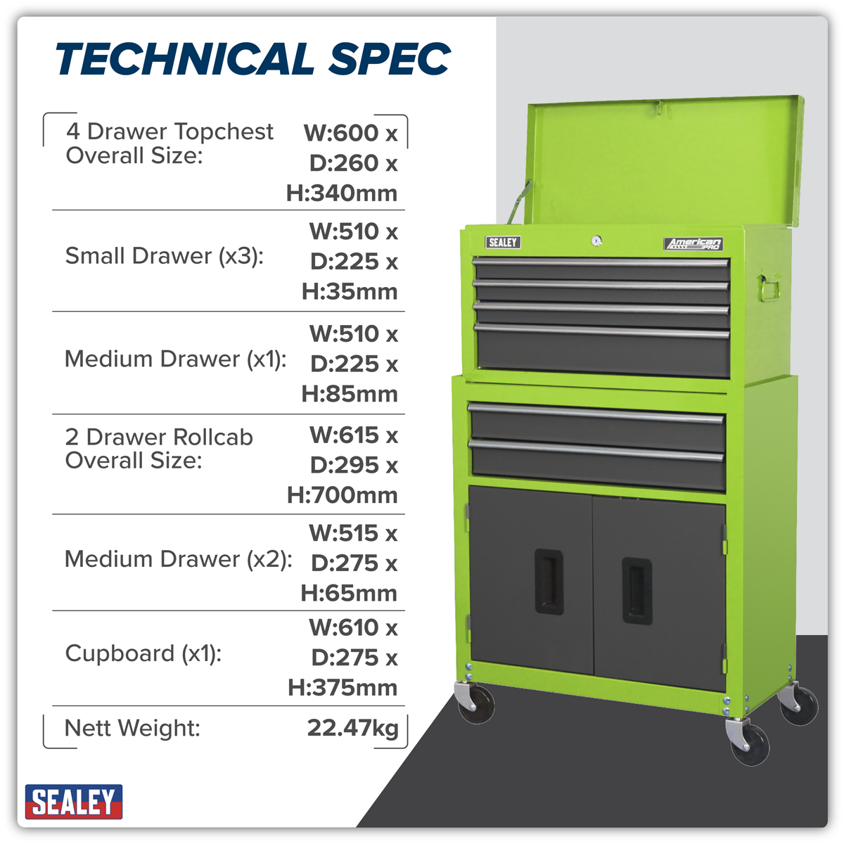 American Pro AP2200BBHV American PRO® Topchest & Rollcab Combination 6 Drawer - Green/Grey