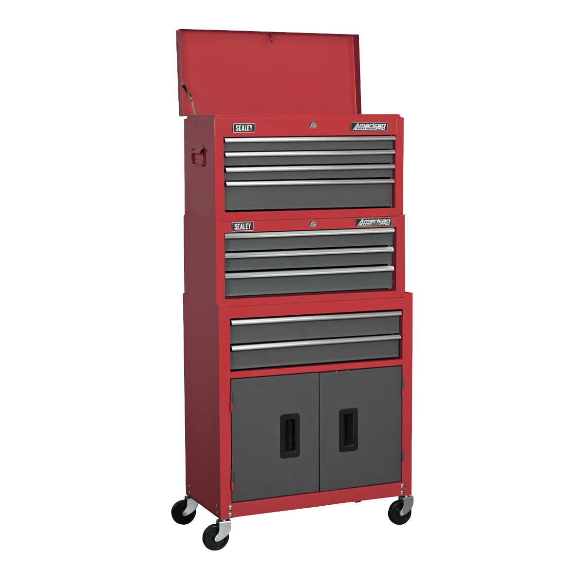 American Pro AP2200BBSTACK American PRO® Topchest, Mid-Box Tool Chest & Rollcab Stack 9 Drawer - Red