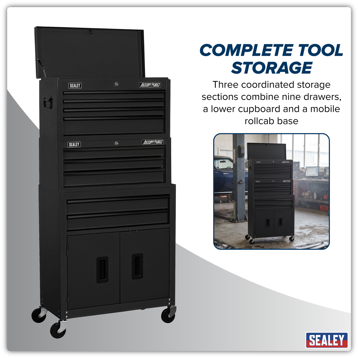 American Pro AP2200BKSTACK American PRO® Topchest, Mid-Box Tool Chest & Rollcab Stack 9 Drawer - Black