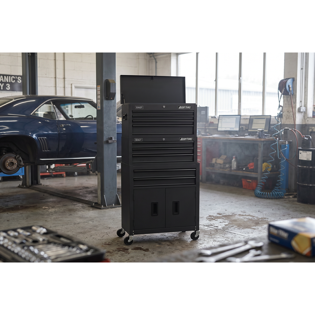 American Pro AP2200BKSTACK American PRO® Topchest, Mid-Box Tool Chest & Rollcab Stack 9 Drawer - Black
