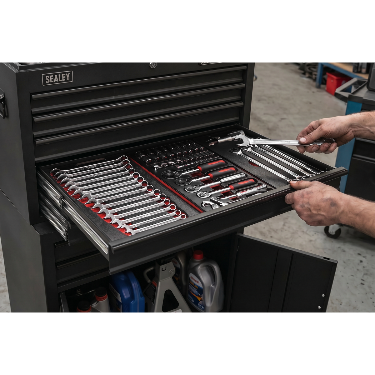 American Pro AP2200BKSTACK American PRO® Topchest, Mid-Box Tool Chest & Rollcab Stack 9 Drawer - Black