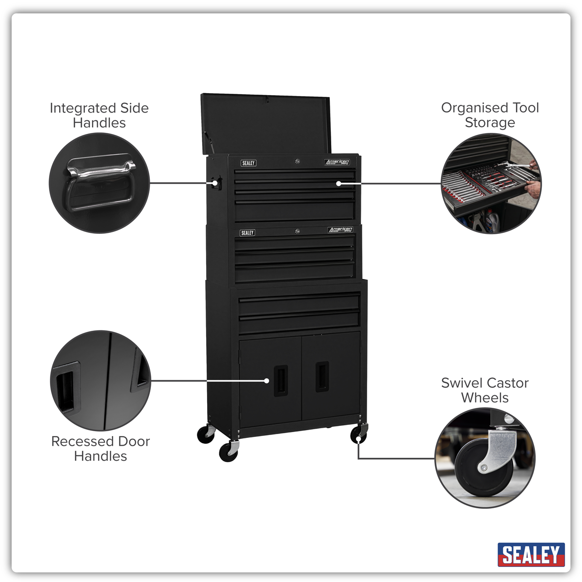 American Pro AP2200BKSTACK American PRO® Topchest, Mid-Box Tool Chest & Rollcab Stack 9 Drawer - Black