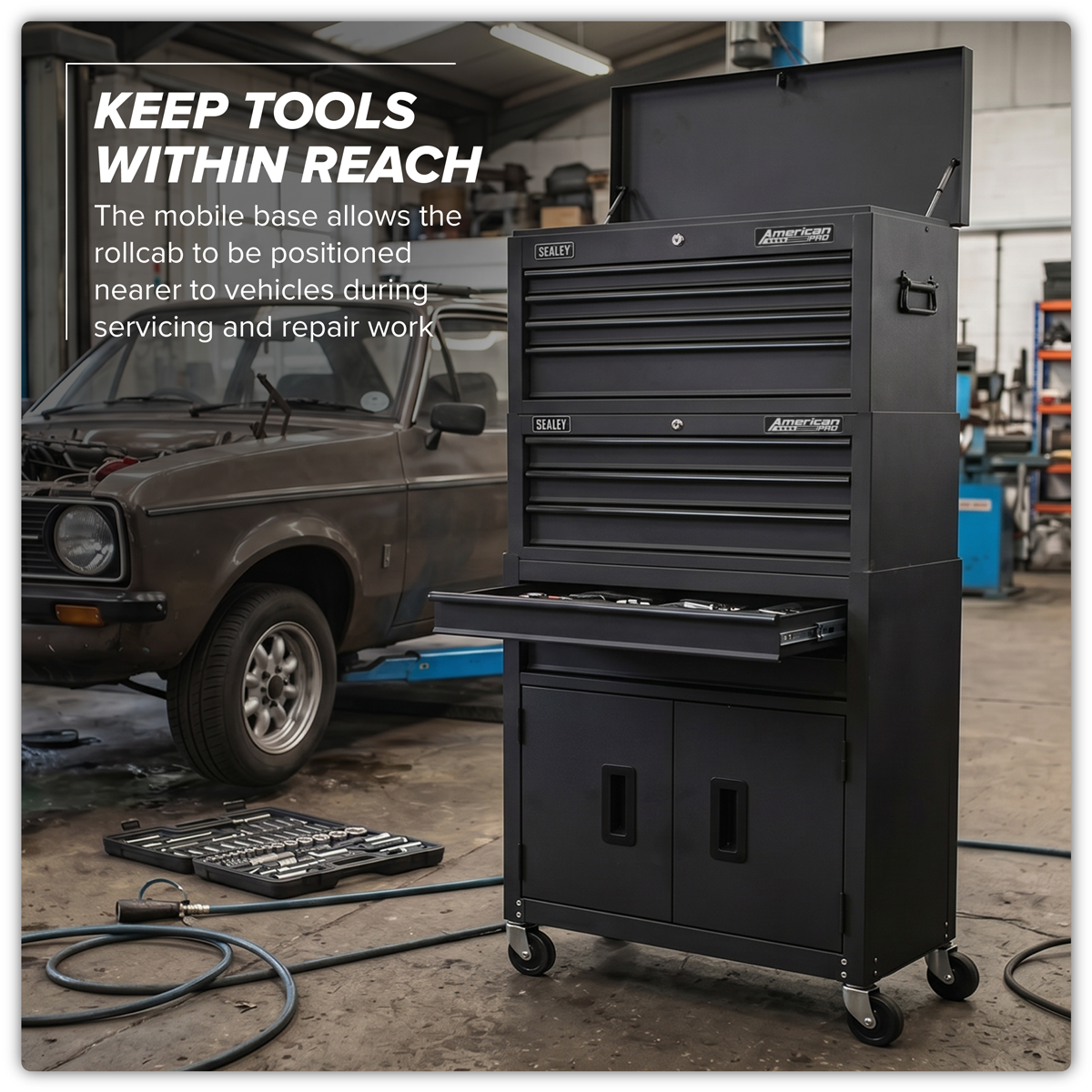 American Pro AP2200BKSTACK American PRO® Topchest, Mid-Box Tool Chest & Rollcab Stack 9 Drawer - Black