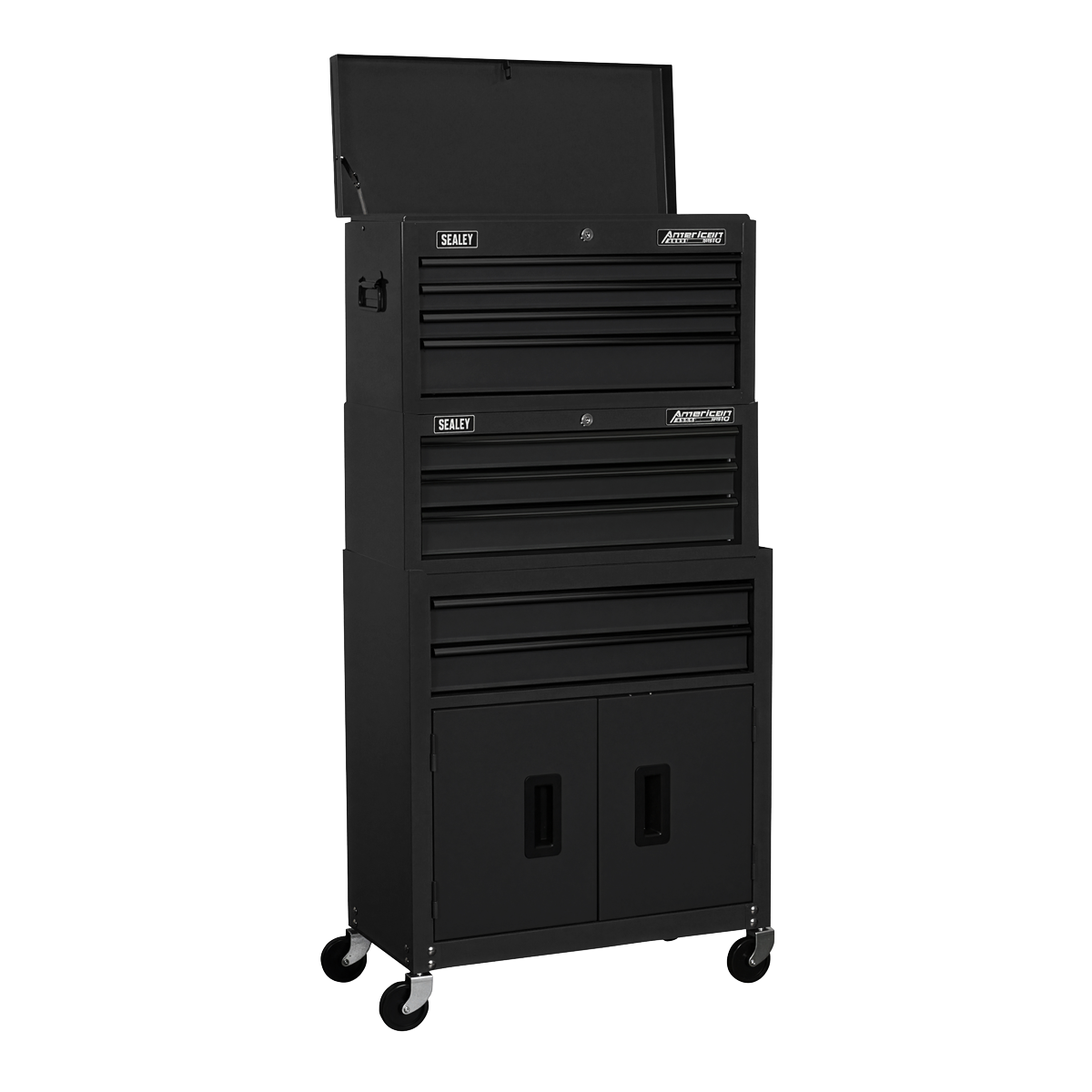 American Pro AP2200BKSTACK American PRO® Topchest, Mid-Box Tool Chest & Rollcab Stack 9 Drawer - Black