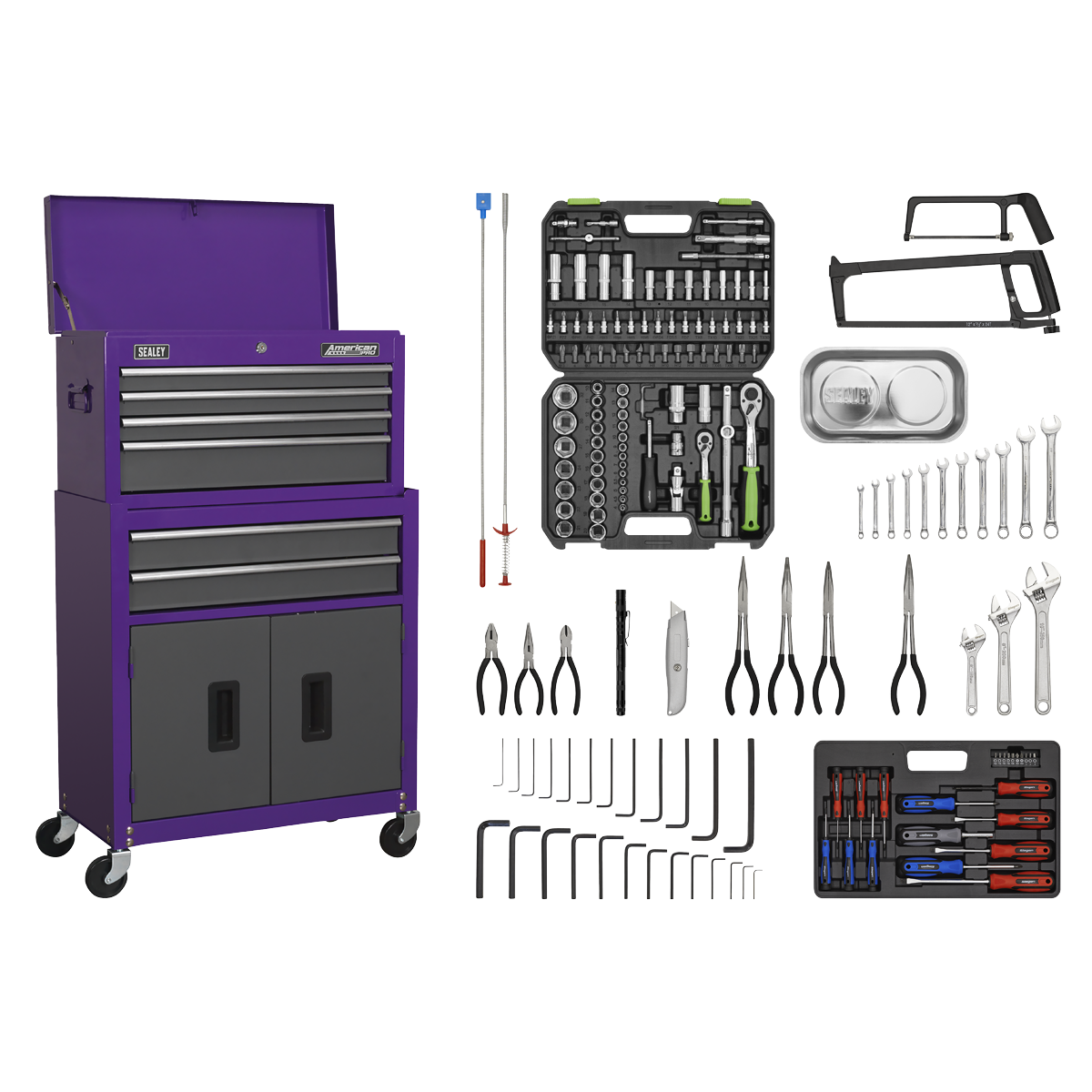 American Pro AP2200COMBOCP American PRO® Topchest & Rollcab Combination 6 Drawer with 170pc Tool Kit - Purple/Grey