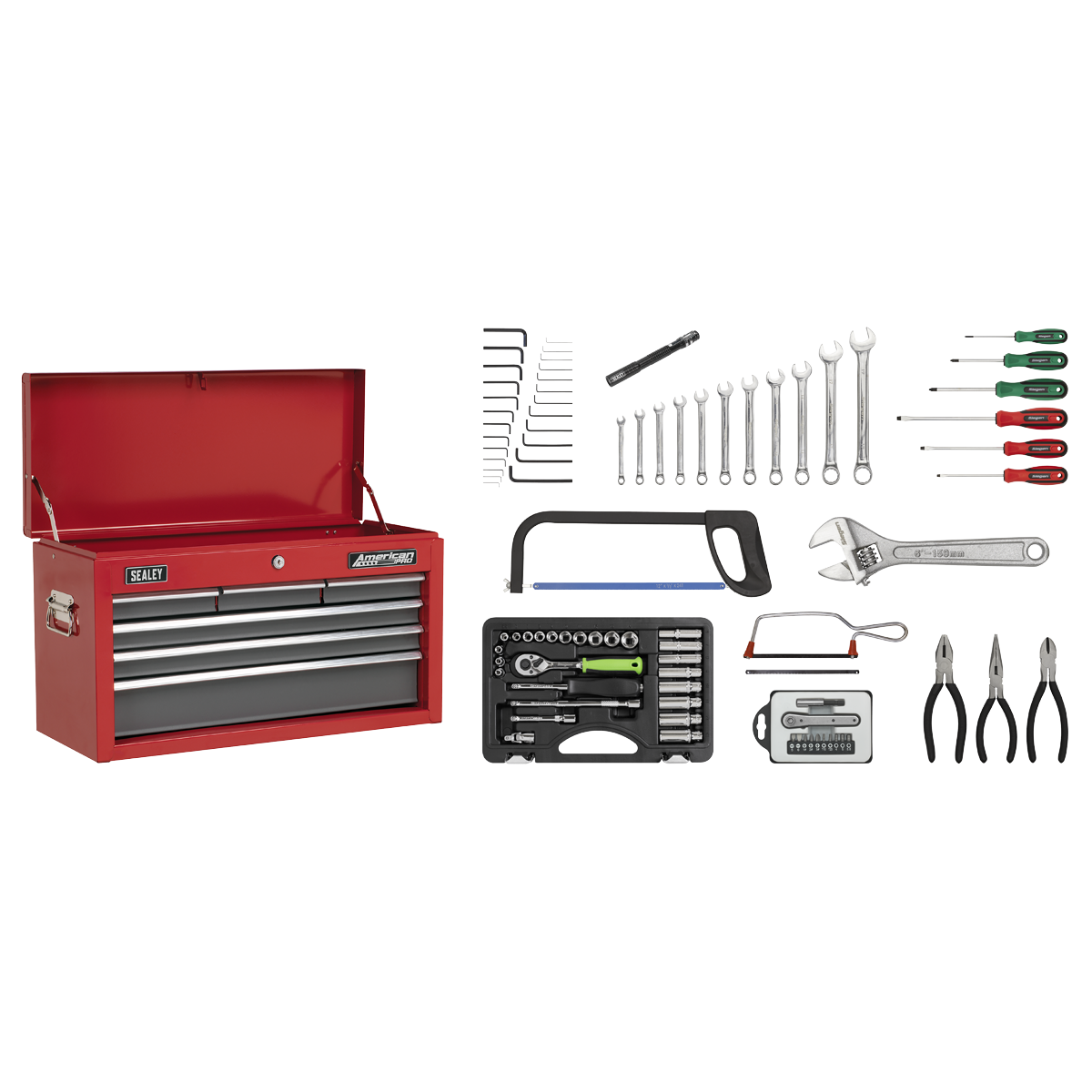 American Pro AP2201BBCOMBO American PRO® Topchest 6 Drawer with 98pc Tool Kit - Red/Grey