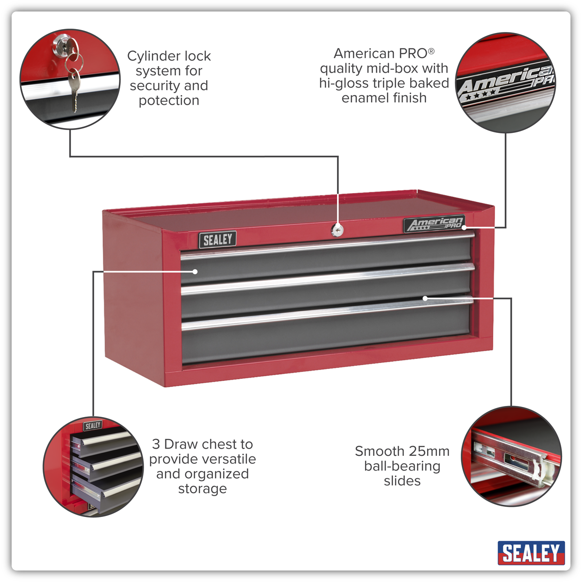American Pro AP22309BB American PRO® Mid-Box Tool Chest 3 Drawer - Red/Grey