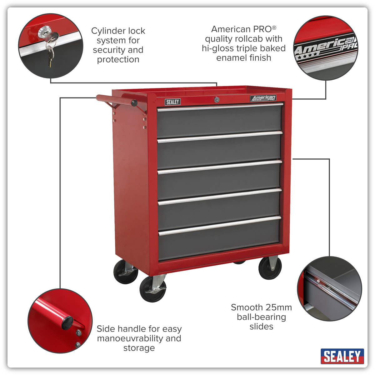 American Pro AP22505BB American PRO® Rollcab 5 Drawer - Red/Grey