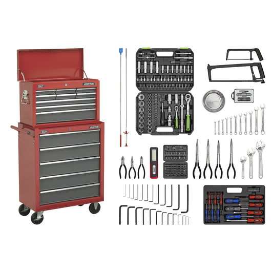 American Pro AP2250BBCOMBO American PRO® Topchest & Rollcab Combination 14 Drawer with 281pc Tool Kit - Red/Grey
