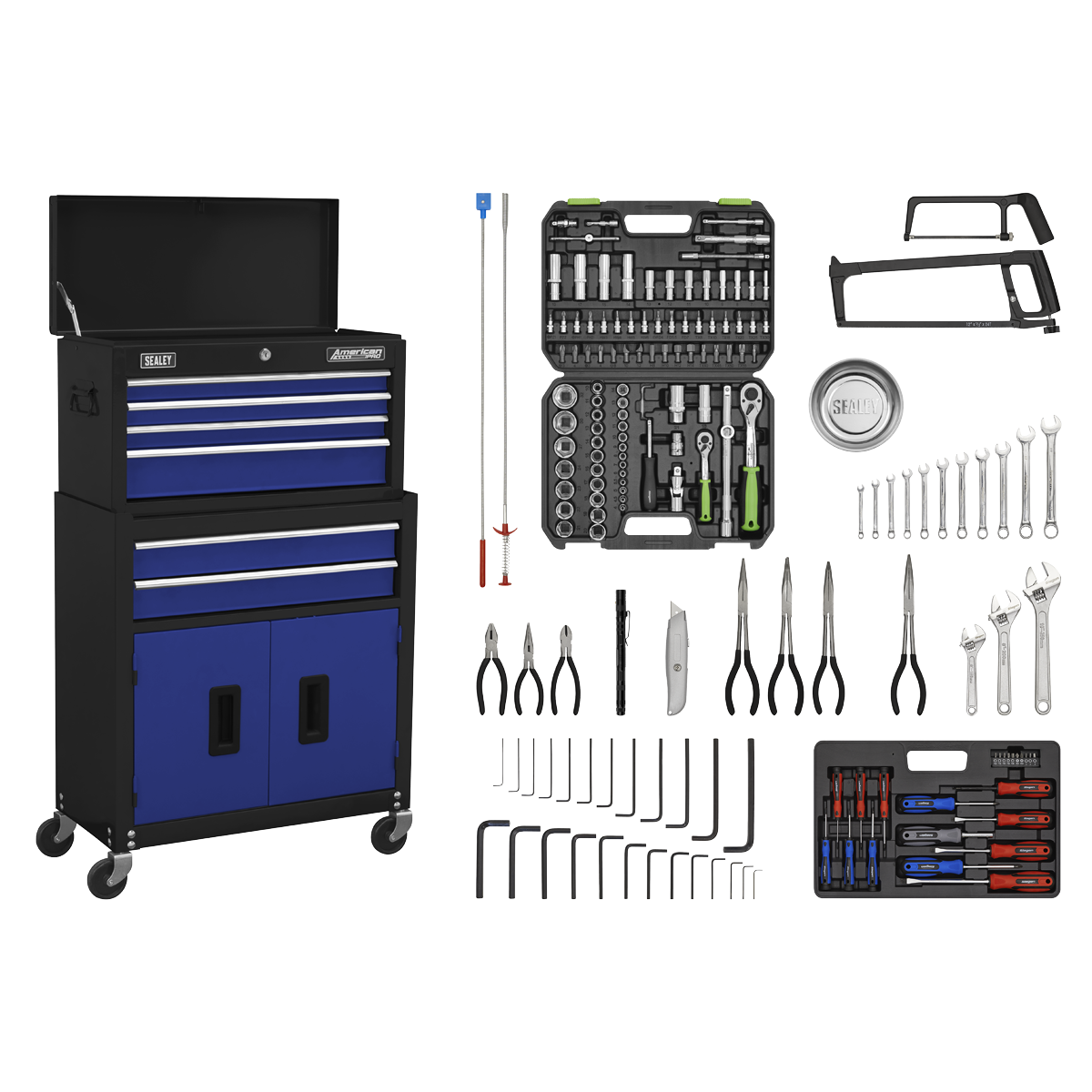 American Pro AP22BCOMBO American PRO® Topchest & Rollcab Combination 6 Drawer with 170pc Tool Kit - Blue/Black