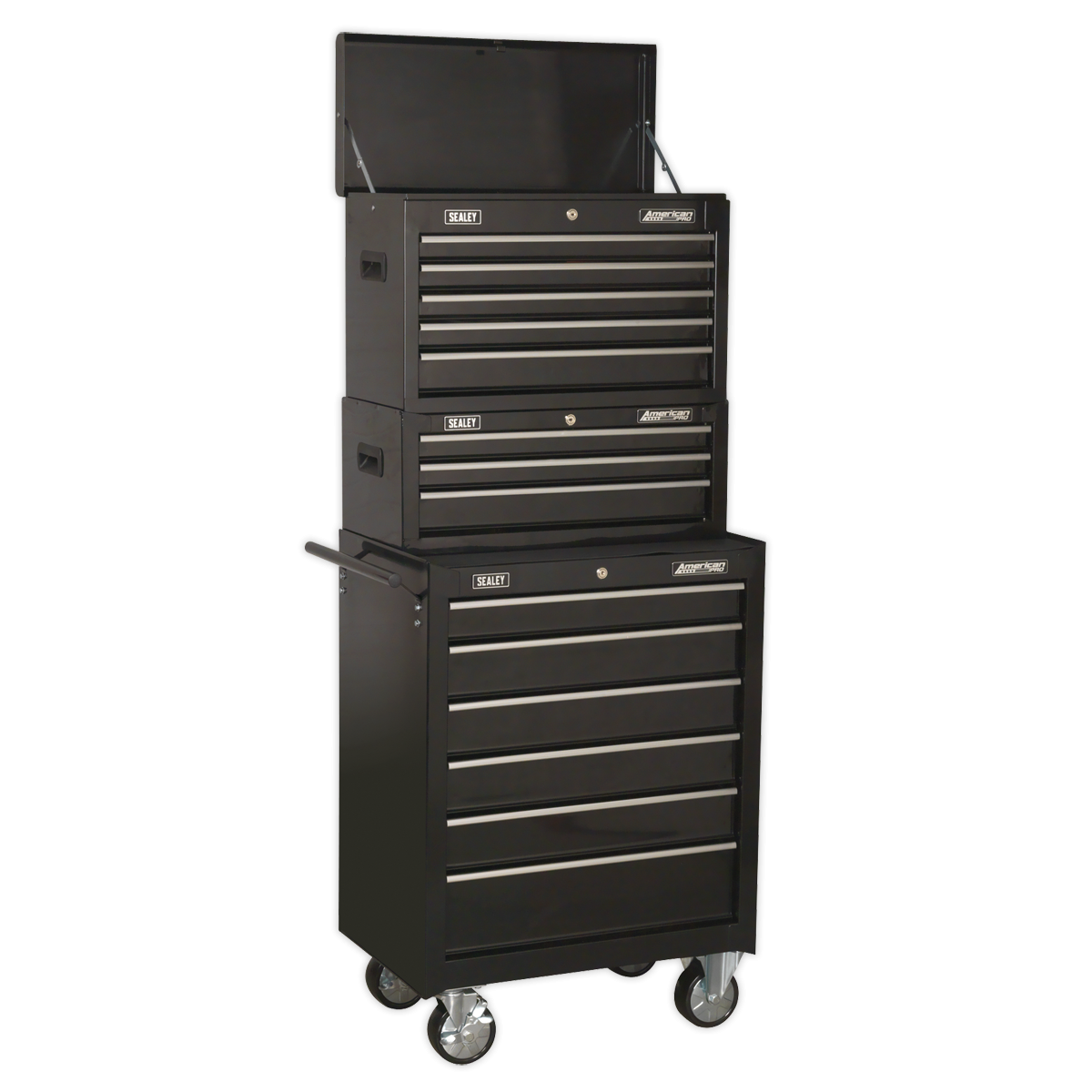 American Pro AP22BSTACK American PRO® Topchest, Mid-Box Tool Chest & Rollcab Stack 14 Drawer - Black