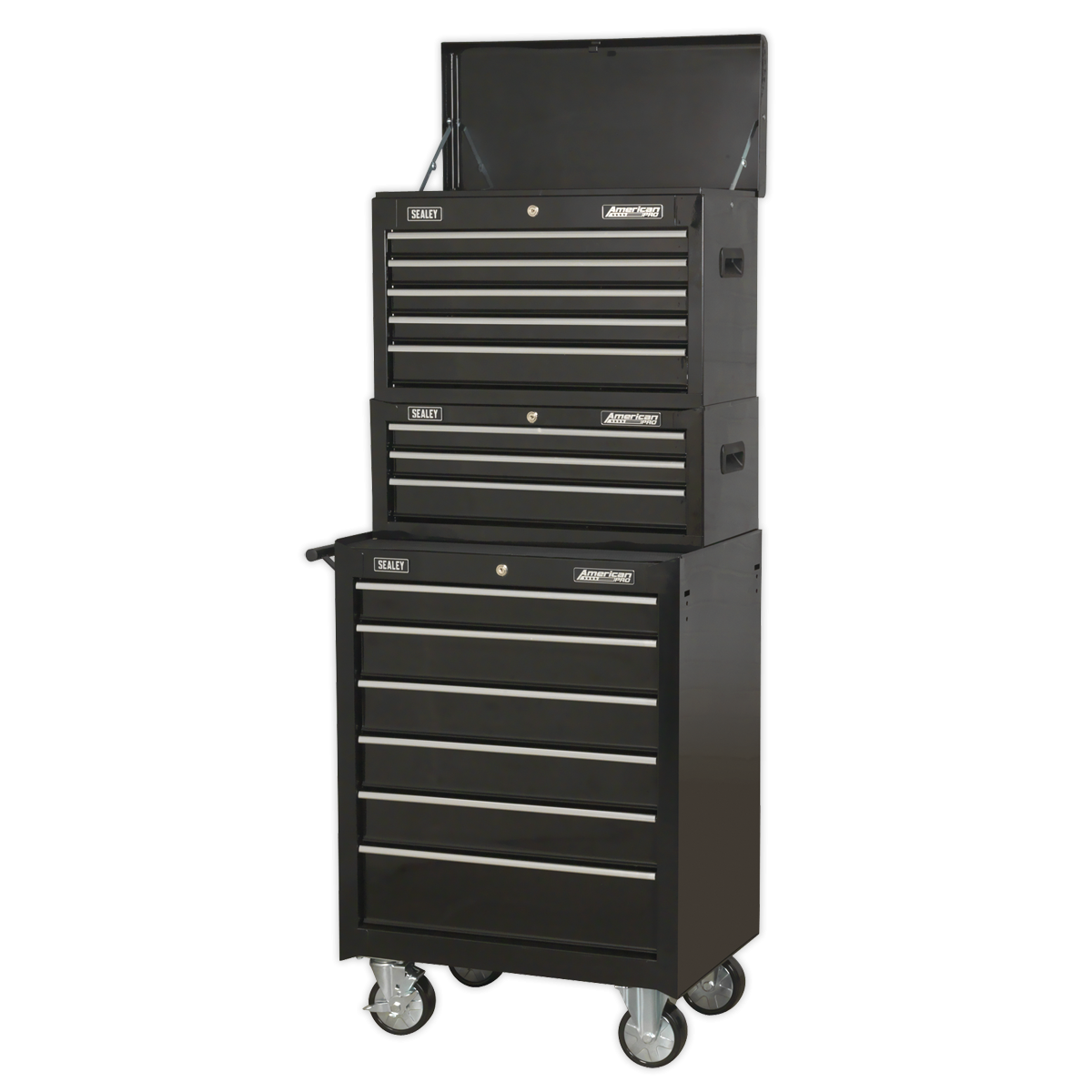 American Pro AP22BSTACK American PRO® Topchest, Mid-Box Tool Chest & Rollcab Stack 14 Drawer - Black