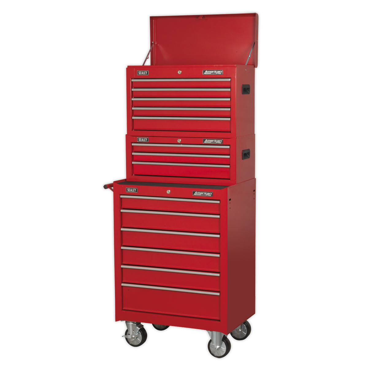 American Pro AP22STACK American PRO® Topchest, Mid-Box Tool Chest & Rollcab Stack 14 Drawer - Red