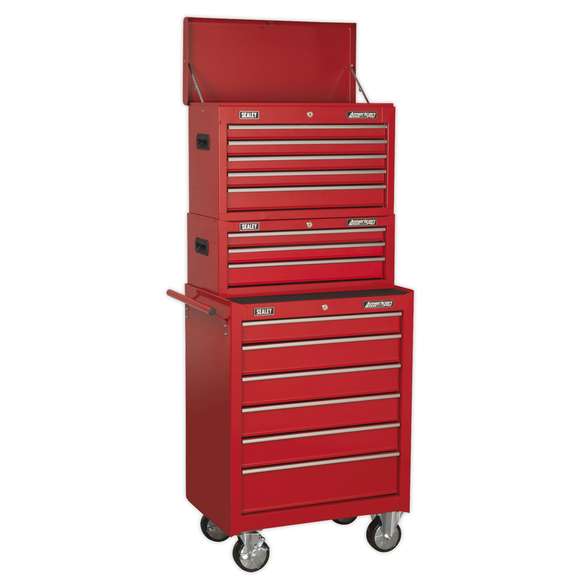 American Pro AP22STACK American PRO® Topchest, Mid-Box Tool Chest & Rollcab Stack 14 Drawer - Red