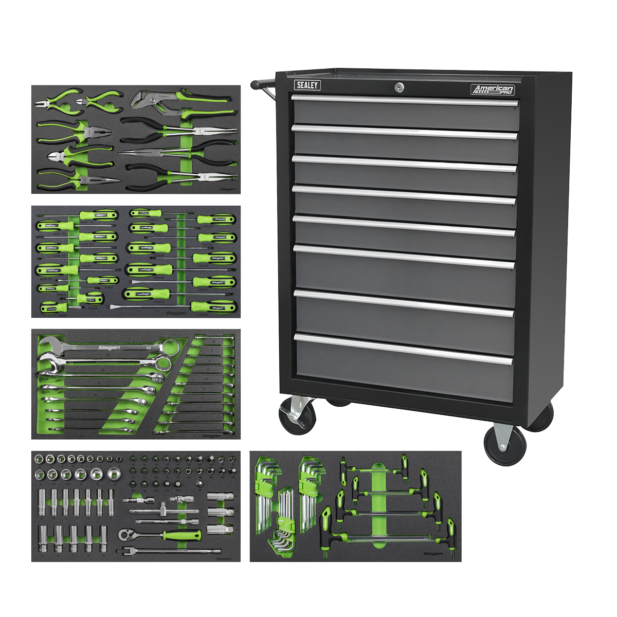 American Pro AP35TBCOMBO3 Rollcab 8 Drawer with 145pc Tool Kit - Black/Grey