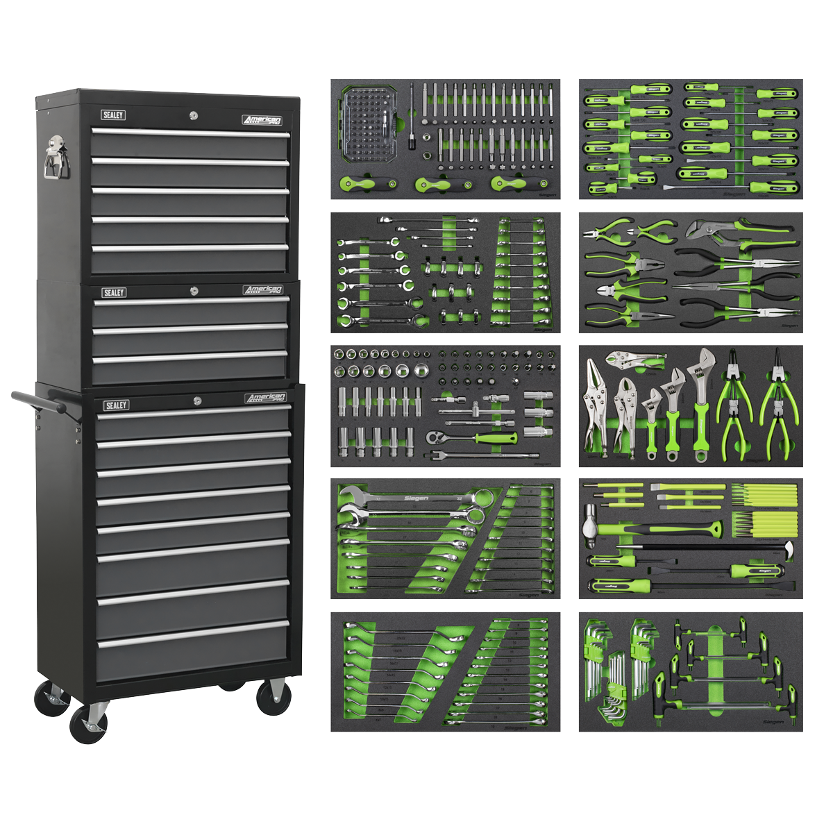 American Pro AP35TBCOMBO Tool Chest Combination 16 Drawer with Ball-Bearing Slides - Black/Grey & 398pc Tool Kit