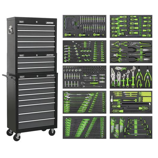 American Pro AP35TBCOMBO Tool Chest Combination 16 Drawer with Ball-Bearing Slides - Black/Grey & 398pc Tool Kit
