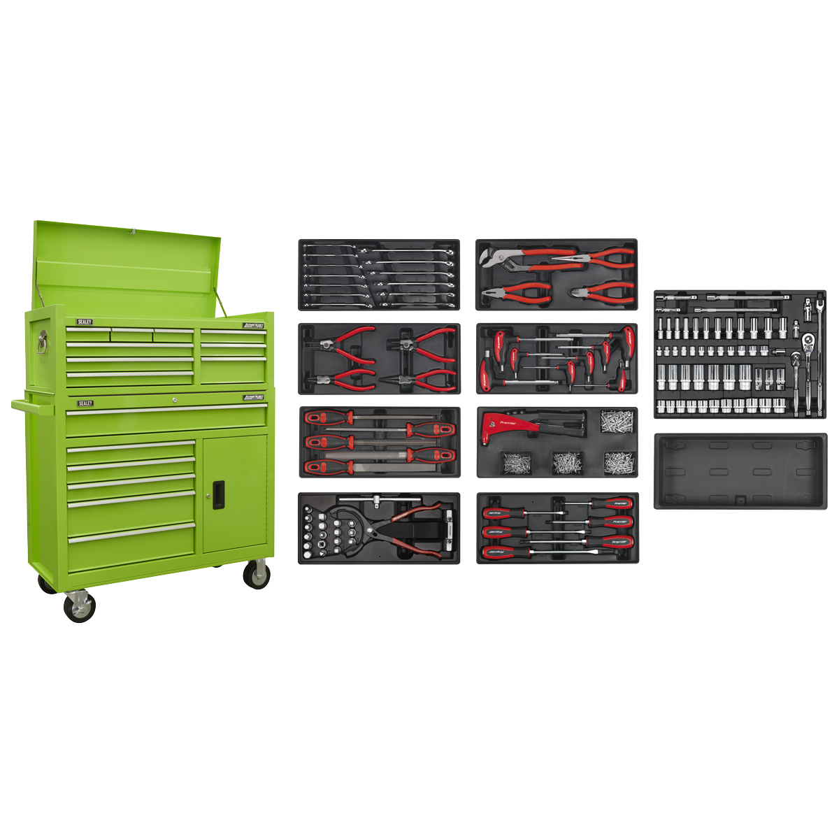 American Pro AP41STACKHVCOMBO American PRO® Topchest & Rollcab Combination 15 Drawer with 117pc Tool Kit- Green