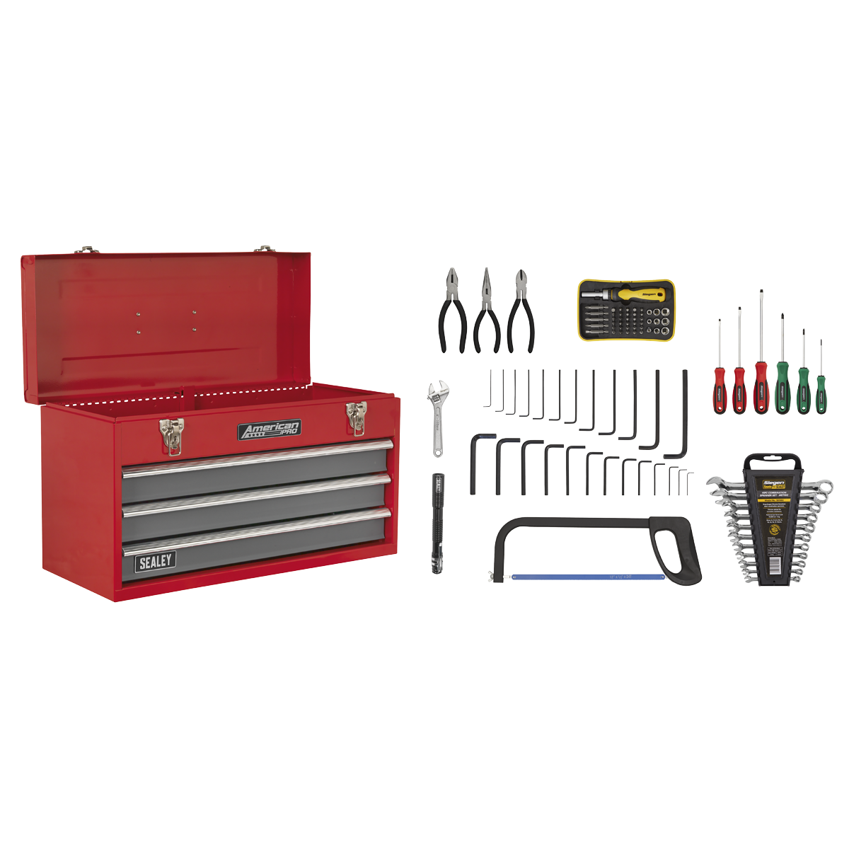 American Pro AP9243BBCOMBO American PRO® Tool Chest 3 Drawer with 93pc Tool Kit - Red/Grey