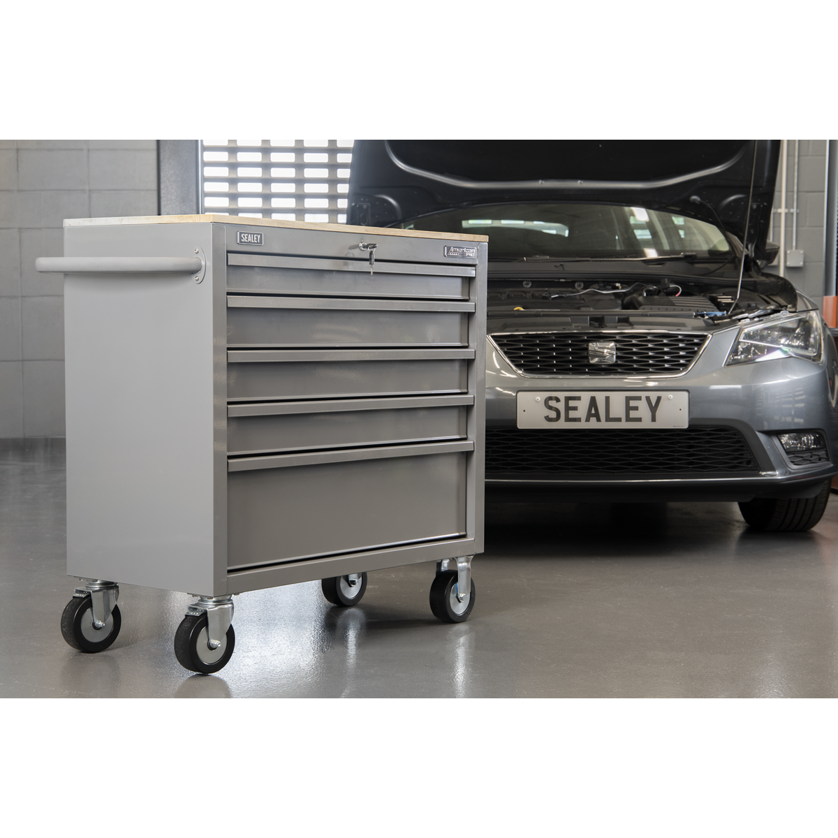 American Pro APMWS1G American PRO® Mobile Workstation with Wooden Worktop 5 Drawer - Grey