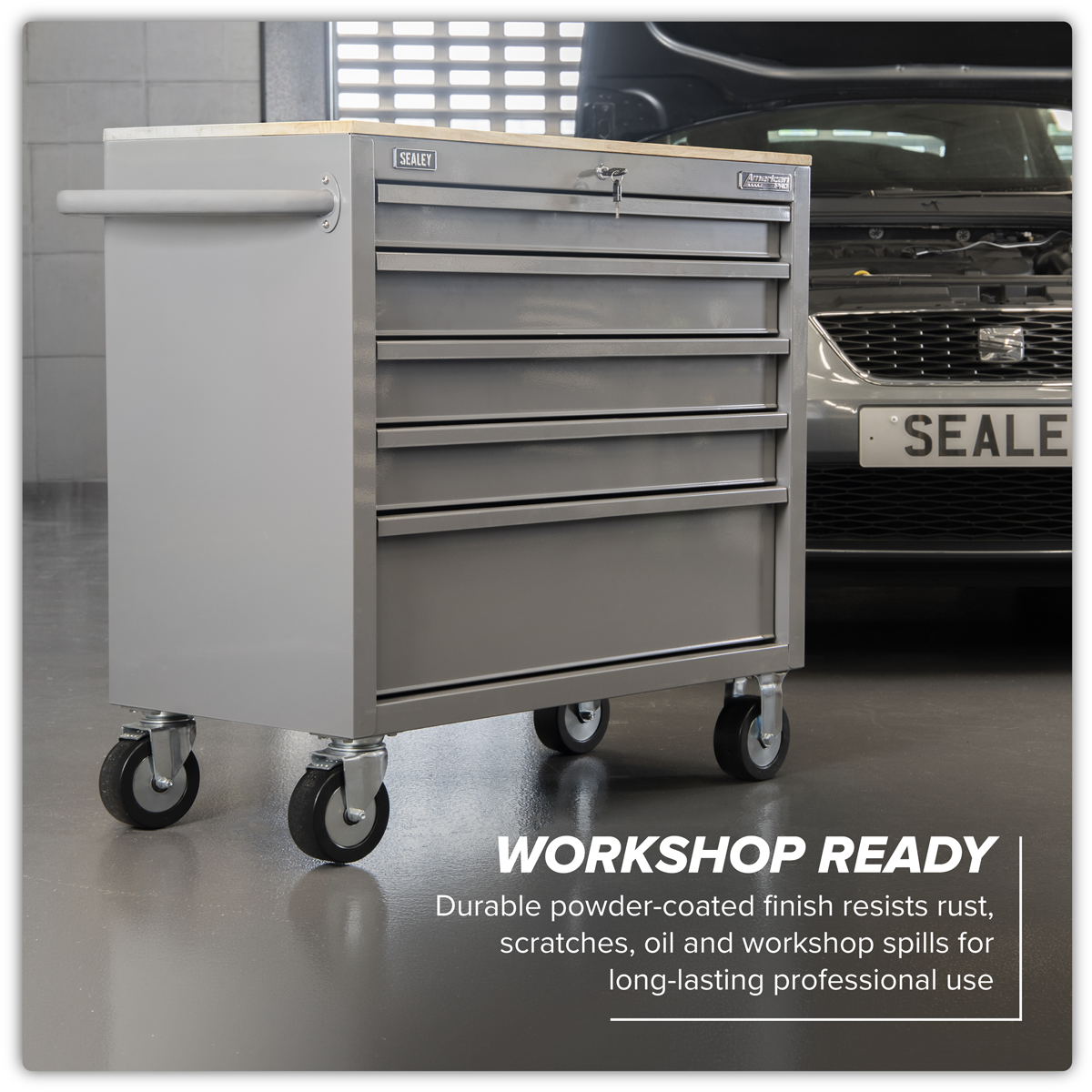 American Pro APMWS1G American PRO® Mobile Workstation with Wooden Worktop 5 Drawer - Grey