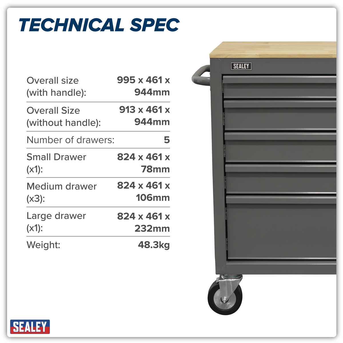 American Pro APMWS1G American PRO® Mobile Workstation with Wooden Worktop 5 Drawer - Grey