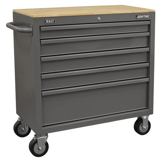 American Pro APMWS1G American PRO® Mobile Workstation with Wooden Worktop 5 Drawer - Grey