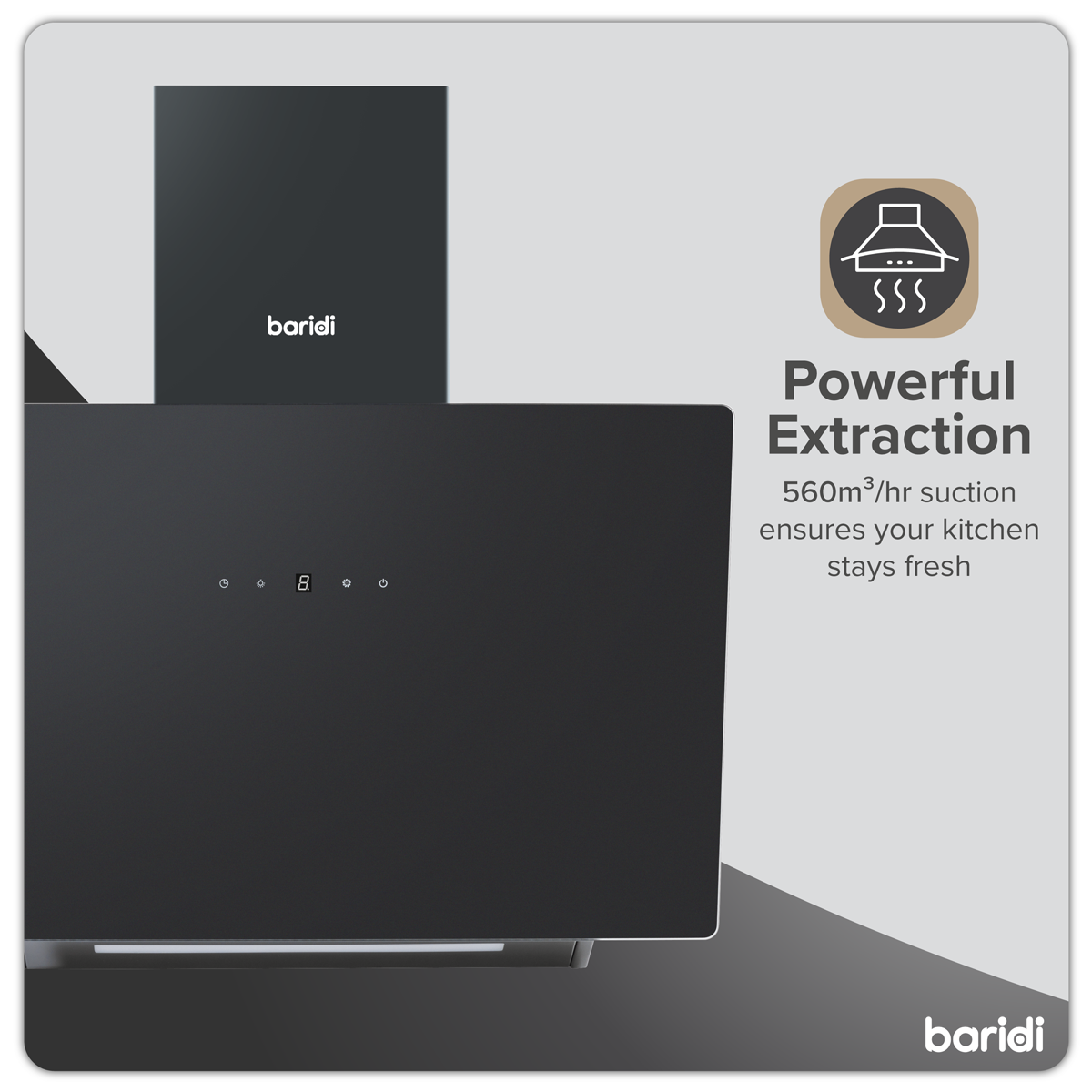 Baridi DH105 Baridi Angled Chimney Cooker Hood with Touch Controls & Carbon Filters 60cm - Black Glass