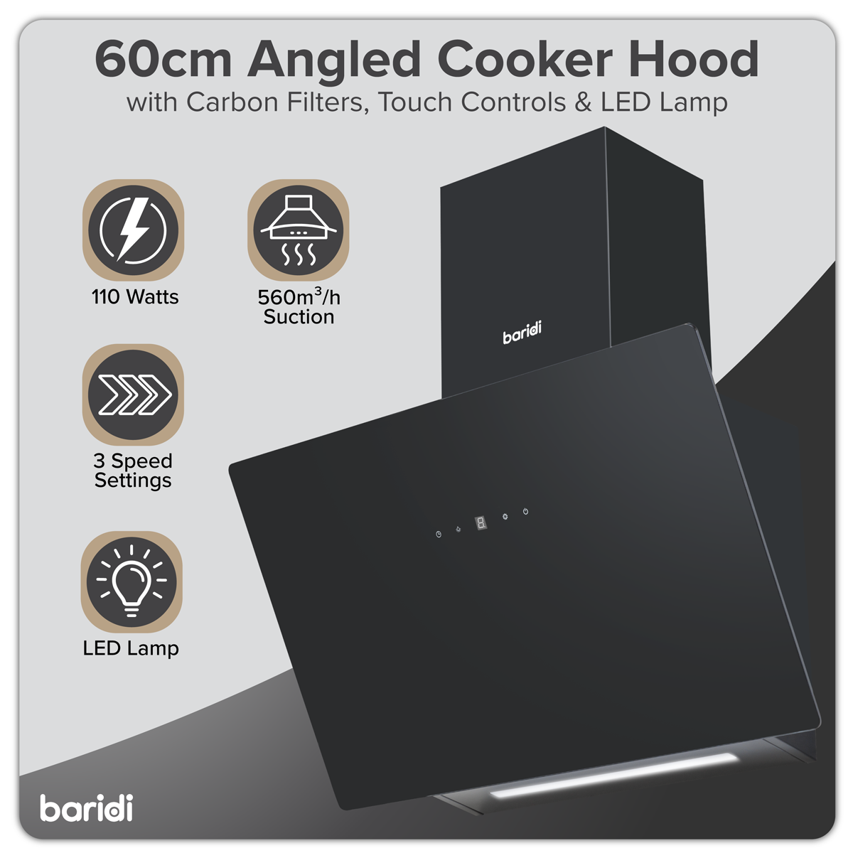Baridi DH105 Baridi Angled Chimney Cooker Hood with Touch Controls & Carbon Filters 60cm - Black Glass
