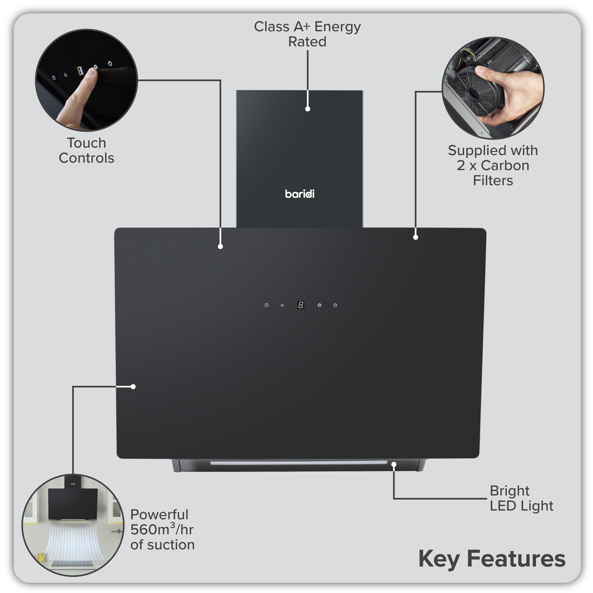 Baridi DH105 Baridi Angled Chimney Cooker Hood with Touch Controls & Carbon Filters 60cm - Black Glass