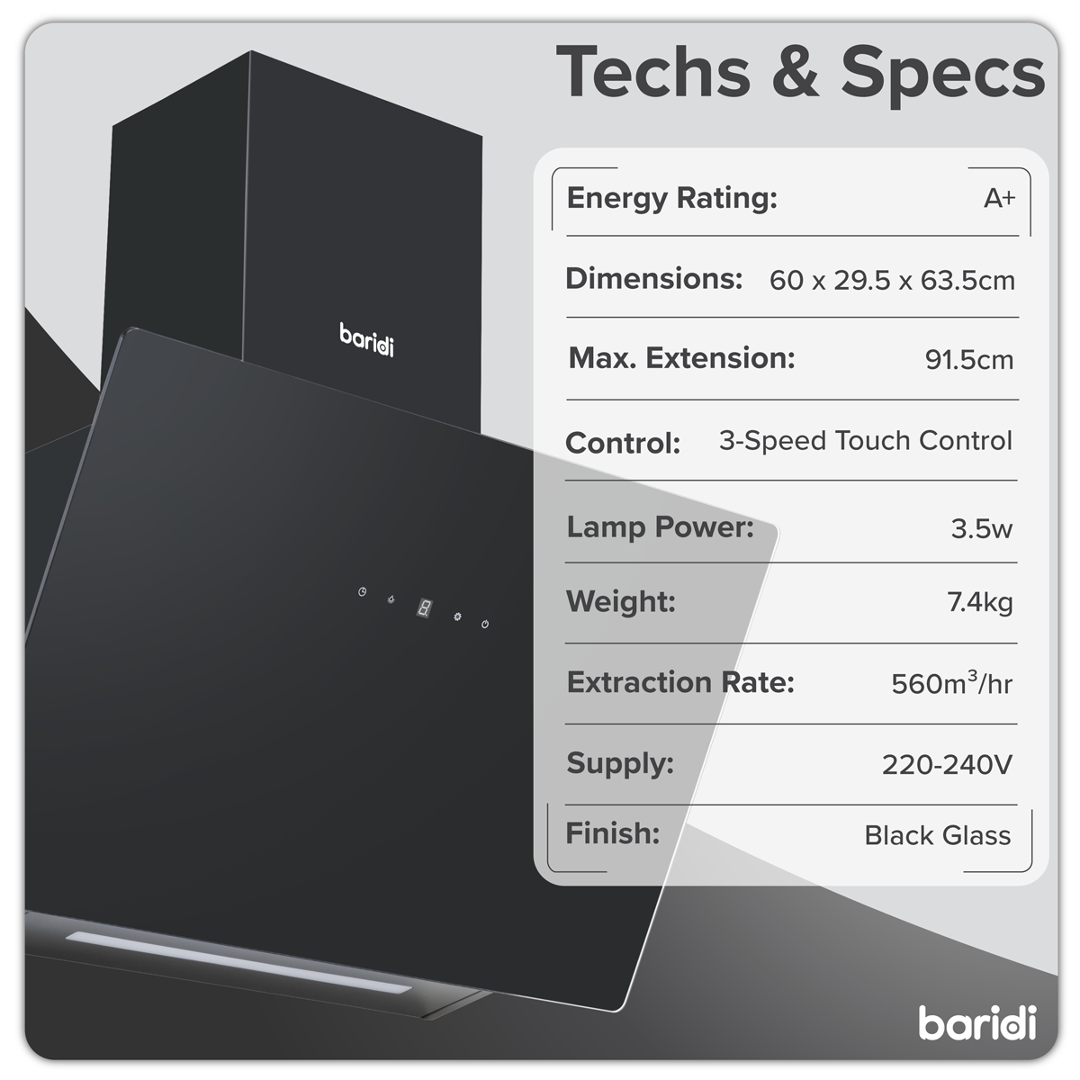 Baridi DH105 Baridi Angled Chimney Cooker Hood with Touch Controls & Carbon Filters 60cm - Black Glass