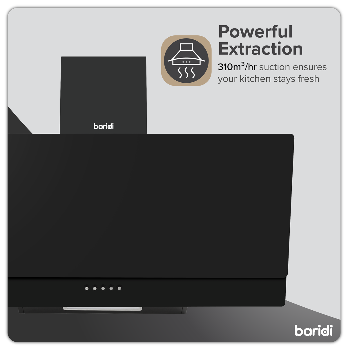 Baridi DH106 Baridi Angled Chimney Cooker Hood with Carbon Filters & LED Lamp 90cm, Energy Class A - Black Glass