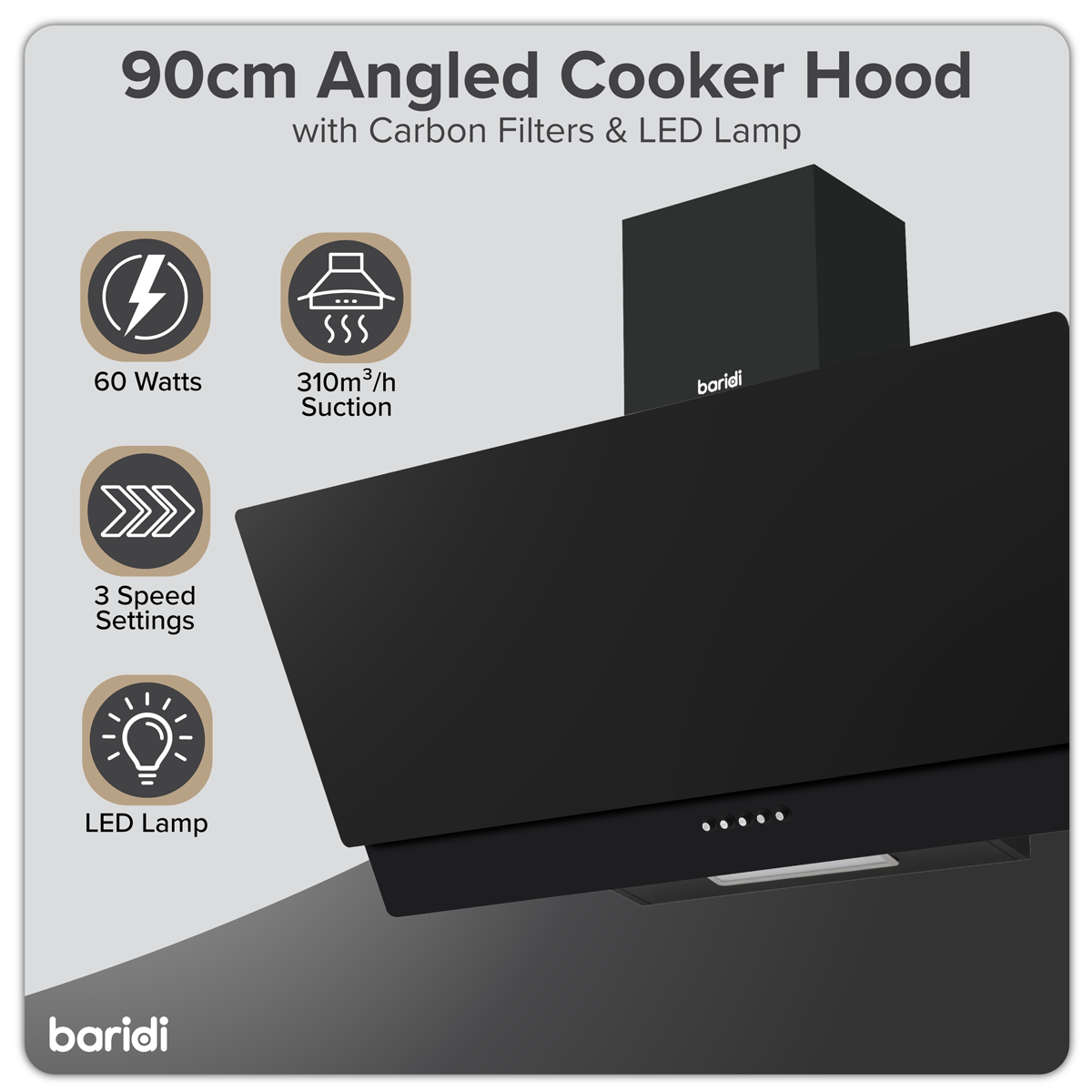 Baridi DH106 Baridi Angled Chimney Cooker Hood with Carbon Filters & LED Lamp 90cm, Energy Class A - Black Glass