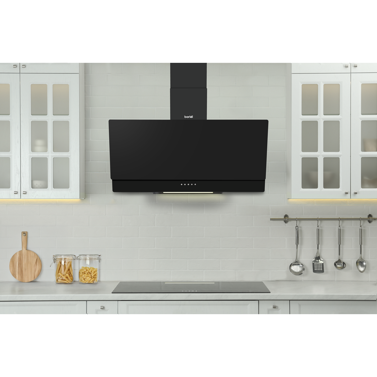 Baridi DH106 Baridi Angled Chimney Cooker Hood with Carbon Filters & LED Lamp 90cm, Energy Class A - Black Glass