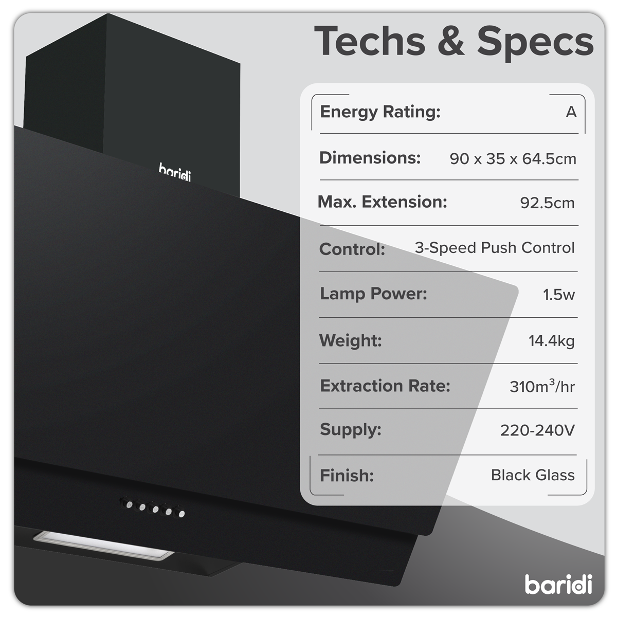 Baridi DH106 Baridi Angled Chimney Cooker Hood with Carbon Filters & LED Lamp 90cm, Energy Class A - Black Glass