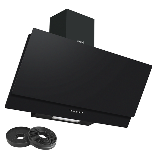 Baridi DH106 Baridi Angled Chimney Cooker Hood with Carbon Filters & LED Lamp 90cm, Energy Class A - Black Glass