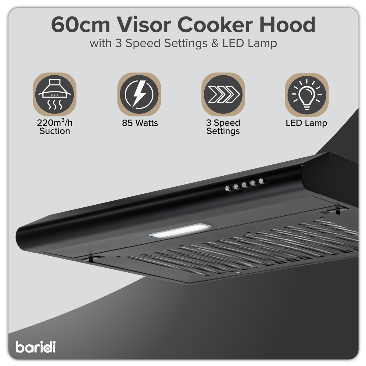 Baridi DH107 Baridi Visor Cooker Hood Extractor Fan 60cm - Black
