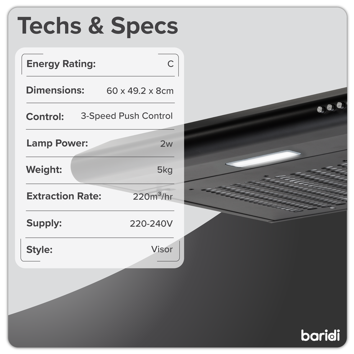 Baridi DH107 Baridi Visor Cooker Hood Extractor Fan 60cm - Black