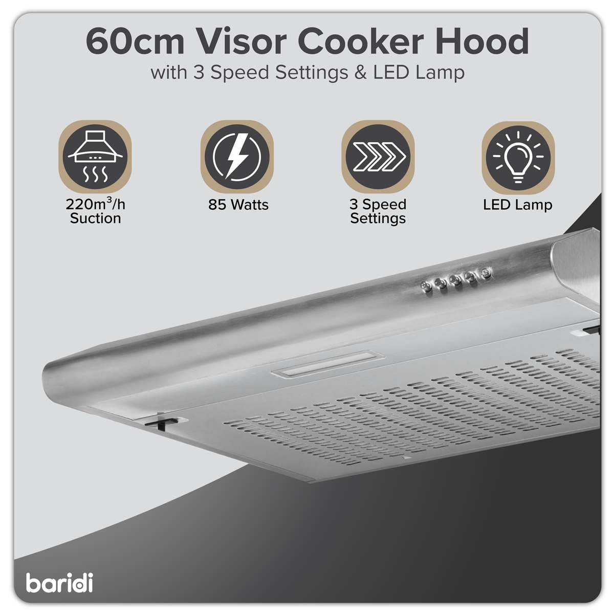 Baridi DH108 Baridi Visor Cooker Hood Extractor Fan 60cm - Stainless Steel