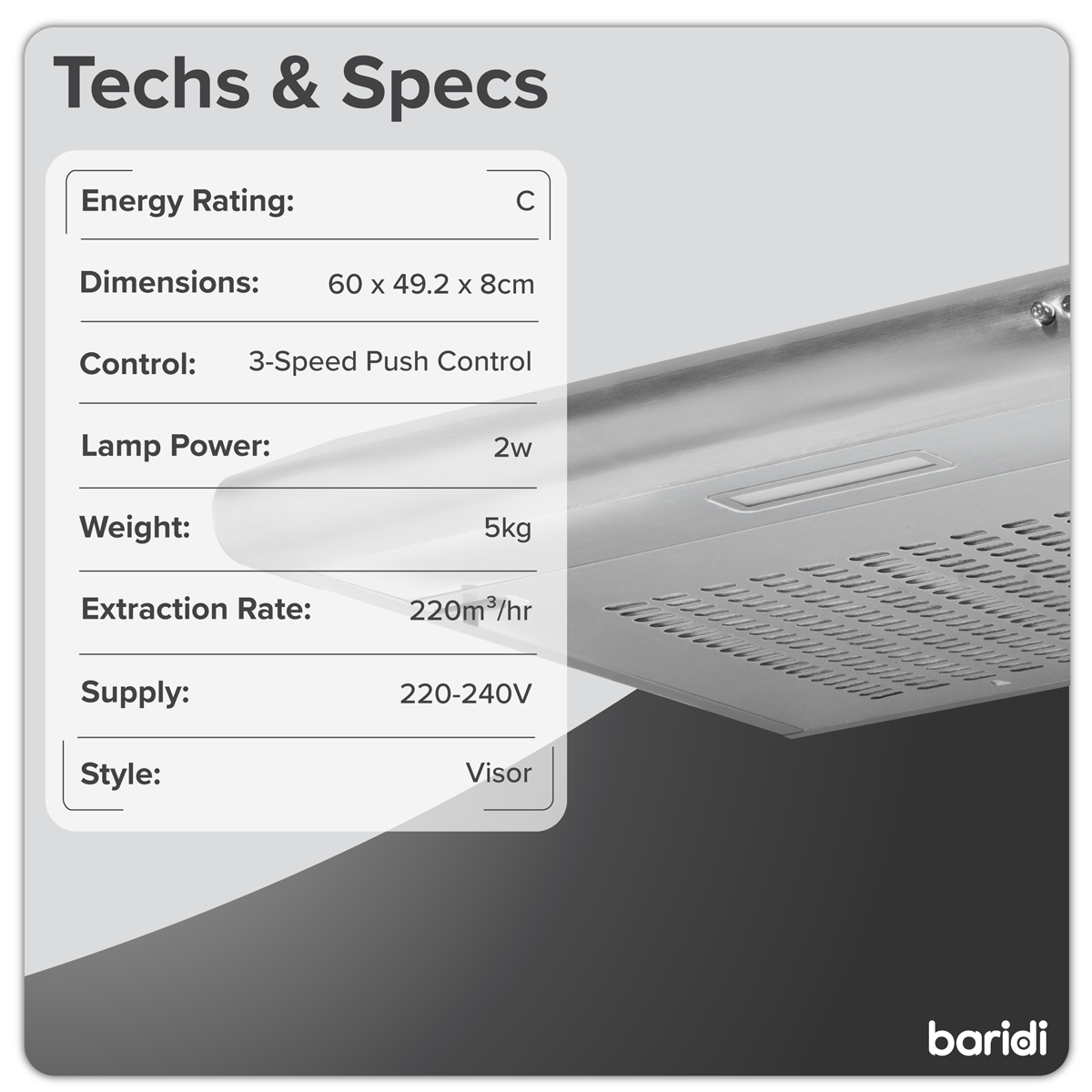 Baridi DH108 Baridi Visor Cooker Hood Extractor Fan 60cm - Stainless Steel