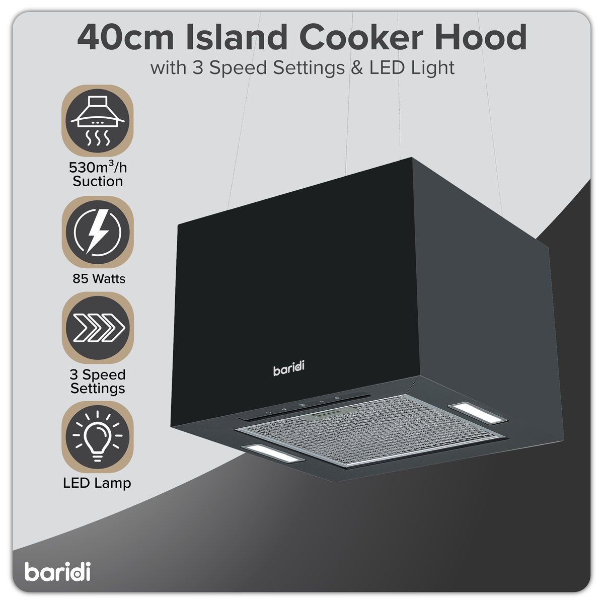 Baridi DH109 Baridi Square Island Cooker Hood 40cm - Black