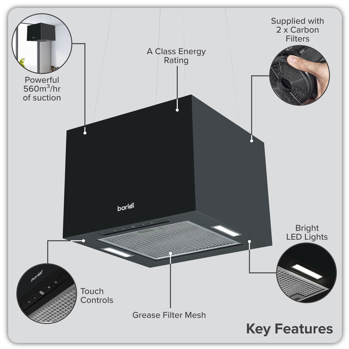 Baridi DH109 Baridi Square Island Cooker Hood 40cm - Black