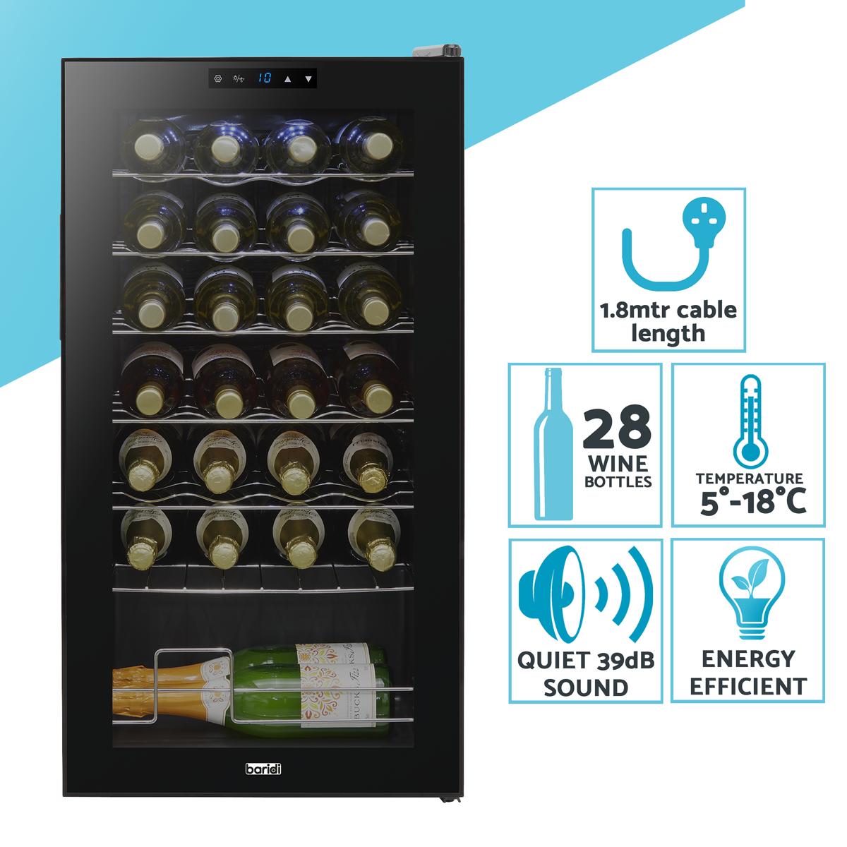 Baridi DH10 Baridi 28 Bottle Wine Fridge with Digital Touch Screen Controls & LED Light - Black
