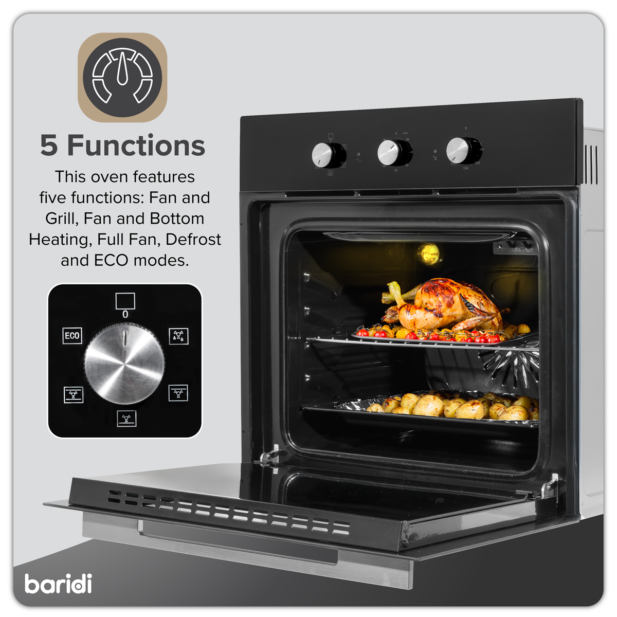 Baridi DH110 Baridi Built-In 5-Function Fan Assisted Oven with Timer 60cm, 55L Capacity - Black